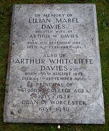 Worcester Cathedral, grave of Rev. Dr. Arthur Whitcliffe Davies in the Cathedral Cloisters Worcester Cathedral UK 16052015 Davies Agra.jpg