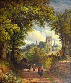 A view over the river to the abbey's tower, a 19th century oil painting 19th Century oil painting of the abbey's bell tower and churches at Evesham.jpg