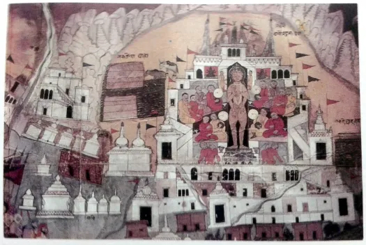 File:A Buddhist shrine in Ladakh - detail from a painted scroll. In the bottom left corner can be seen Zorawar Singh of the Sikh Empire's army, looking on.webp