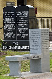 American Atheist bench and Ten Commandments display American Atheists and Commandments.jpg