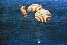 The Apollo 15 spacecraft landed safely despite a parachute line failure in 1971. Apollo 15 descends to splashdown.jpg