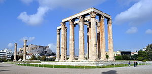 The Temple of Olympian Zeus, Athens, (174 BC-132 AD), with the Parthenon (447-432 BC) in the background Athens - Temple of Zeus 04.jpg