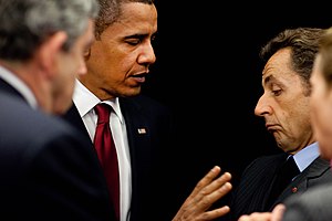 President Barack Obama talks with French Presi...