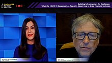 Gates in a fireside chat moderated by Shereen Bhan virtually at the Singapore FinTech Festival 2020 Bill Gates at Singapore FinTech Festival 2020.jpg