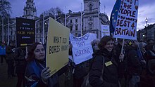 A protest following the Cambridge Analytica allegations, 29 March 2018 Cambridge Analytica protest Parliament Square1.jpg