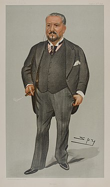 Colored drawing of a prosperous-looking man in a 19th-century suit with waistcoat and black tie, wearing a monocle holding a smoking cigar in his right hand