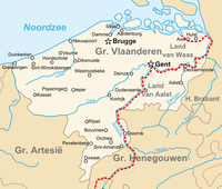 Topografische kaart van het Graafschap Vlaanderen aan het einde van de 14e eeuw.