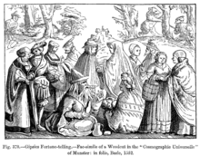 Romani fortune telling. Facsimile of a woodcut in Cosmographia universalis of Sebastian Munster Gipsies Fortune telling Fac simile of a Woodcut in the Cosmographie Universelle of Munster in folio Basle 1552.png