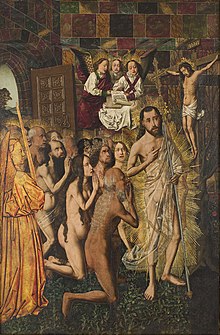 Christ leads the patriarchs from Hell to Paradise, by Bartolomeo Bertejo, Spanish, c. 1480: Methuselah, Solomon and the Queen of Sheba, and Adam and Eve lead the procession of the righteous behind Christ. HarrowingBermejo.jpg