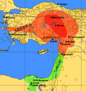 The Hittite Empire (red) at the height of its ...