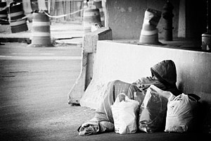 Homeless man in New York 2008, Credit Crises. ...