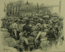 Sketch of a busy ice stall, full of vendors and buyers, in the main market of Georgetown, Demerara, British Guiana