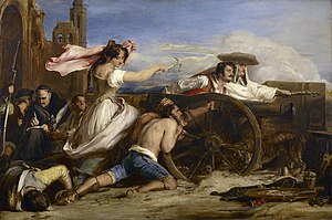 Spain's desperate situation when invaded by Napoleon enabled Agustina de Aragon to break into a closely guarded male preserve and become the only female professional officer in the Spanish Army of her time (and long afterwards). La defensa de Zaragoza, por David Wilkie.jpg