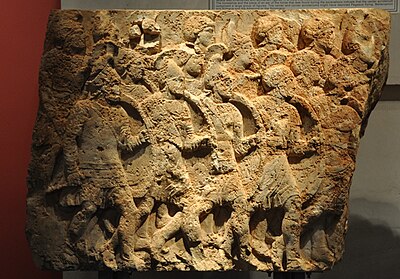 Phalanx in a frieze on the tomb of Pericles, Dynast of Lycia (380-360 BC) Limyra, Mausoleum of Pericles, phalanx.jpg