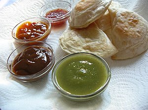 "Samosas" and four different sauces:...