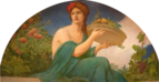 Woman portrayed as goddess/deity holding tray of fruit. To her left is a tree with apples. To her right are vines with grapes.