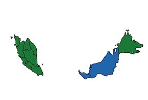 Dominant religious confessions in Malaysia by state according to 2020 census.
Dark green: Muslim majority > 50%
Light green: Muslim plurality < 50%
Blue: Christian majority > 50% Malaysia religion by state 2020.jpg