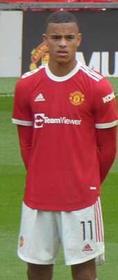 Greenwood playing for Manchester United in 2021 Mason Greenwood 2021.jpg