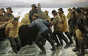 Vissers zetten een roeiboot te water, Michael Ancher