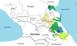 Kuzey Kafkasya bölgesinde konuşulan dillerin renkli alanlarla gösterildiği harita