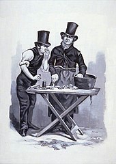 Pequena banca de ostras, mostrando um vendedor e um homem comendo ostras