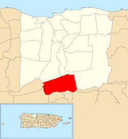 Location of Río Arriba within the municipality of Arecibo shown in red