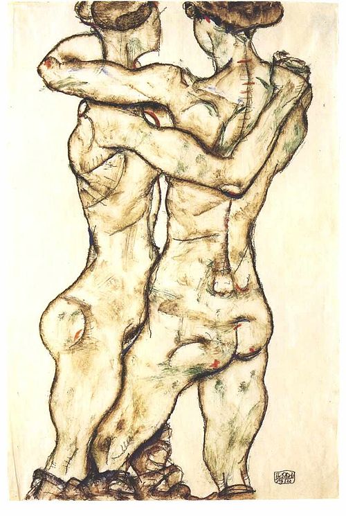 Schiele - Sich umarmende Mädchen - Rückenansicht - 1914