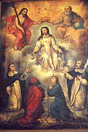 Notre-Dame du Bon Remède auprès de la Sainte Trinité remettant à saint Jean de Matha une aumônière et à saint Félix de Valois le scapulaire de la Sainte Trinité.