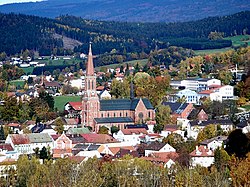 The town of Zwiesel with the Church of Saint Nicholas