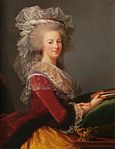 Three-quarter length portrait of woman holding a book on a green velvet pillow. She is wearing a red and gold velvet dress adorned with a thin, white organza around the bosom. She is wearing a gray wig, also adorned by thin, white material.