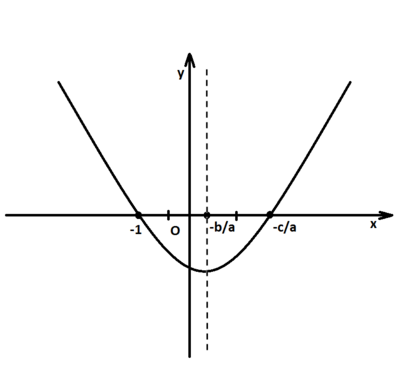 Геометрическая интерпретация: парабола, заданная аналитически указанной формулой, пересекает ось x в двух точках, абсциссами которых и являются корни, хотя бы один из которых равен -1