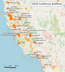 A map of wildfires across California in 2020 using MODIS satellite data of wildfire detections