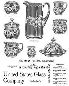 advertisement for fancy glassware with list of cities with salesrooms