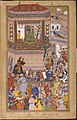 Hussain Quli presents prisoners of war to Akbar, a view of the bin player Naubat Khan (in white dress holding Rudra Vina).[1] Illustration from the Akbar-nama, Mughal school, towards 1590.Victoria & Albert Museum U.K.