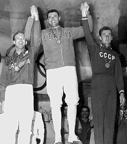 Allan Jay, Giuseppe Delfino és Bruno Habārovs az 1960-as olimpiai dobogón