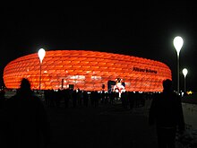 Allianz Arena, Munich, Germany, whose naming rights were purchased by the financial services company Allianz SE Allianz Arena at night.jpg