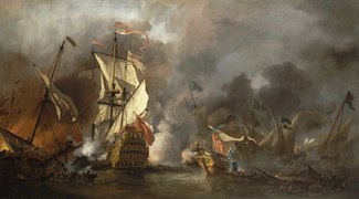 An English Ship in Action with Barbary Vessels by Willem van de Velde the Younger (1633–1707)