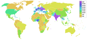 Map of world percentage arable land.