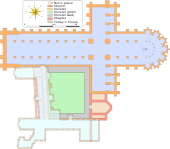 Plan en couleur d'un monastère doté d'une église très vaste et d'une cloître irrégulier.