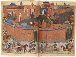 Colorful medieval depiction of a siege, showing the city of Baghdad surrounded by walls, and the Mongol army outside