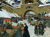 Painting of a bazaar under the snow with people in coats, hats and scarves in the Russian style, and in a corner the domes of a church