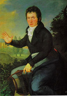 A painting depicting Beethoven with a 
lyre-guitar.