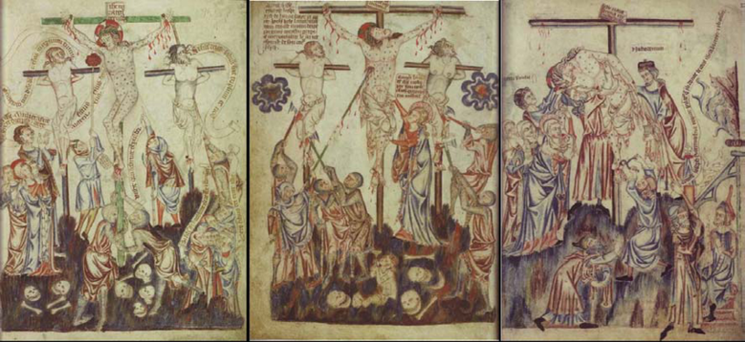Rhabillage de Jésus des mains de sa mère (scène du milieu, Bible d'Holkham (en), XIVe siècle).