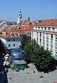 Blick vom Akademischen Gymnasium Graz zur Hans-Sachs-Gasse und Stadtpfarrkirche