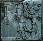 relief nr 2: Vattendriven räckhammare och luftdriven hammare samt två uppsättare vid en masugnskrans