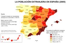 Distribution of the foreign population in Spain in 2005 by percentage Distribucion de la poblacion extranjera en Espana (2005).png