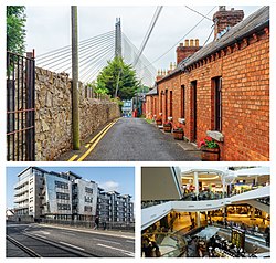 Clockwise from top: William Dargan Bridge as seen from Victoria Terrace; the interior of Dundrum Town Centre; "The Laurels" apartment complex in central Dundrum