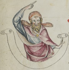 Hosea with his arm raised. Klosterneuburger Evangelienwerk, fol. 7v. c. 1340 E-codices sbs-0008 007v Hosea mit erhobener Hand.TIF