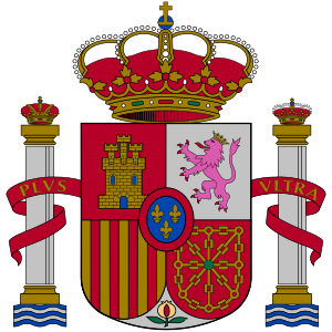 The coat of arms of Spain is supported by colu...