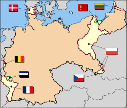 Germany after Versailles
.mw-parser-output .legend{page-break-inside:avoid;break-inside:avoid-column}.mw-parser-output .legend-color{display:inline-block;min-width:1.25em;height:1.25em;line-height:1.25;margin:1px 0;text-align:center;border:1px solid black;background-color:transparent;color:black}.mw-parser-output .legend-text{}
Administered by the League of Nations
Annexed or transferred to neighbouring countries by the treaty or later by plebiscites and League of Nation actions
Weimar Germany German losses after WWI.svg